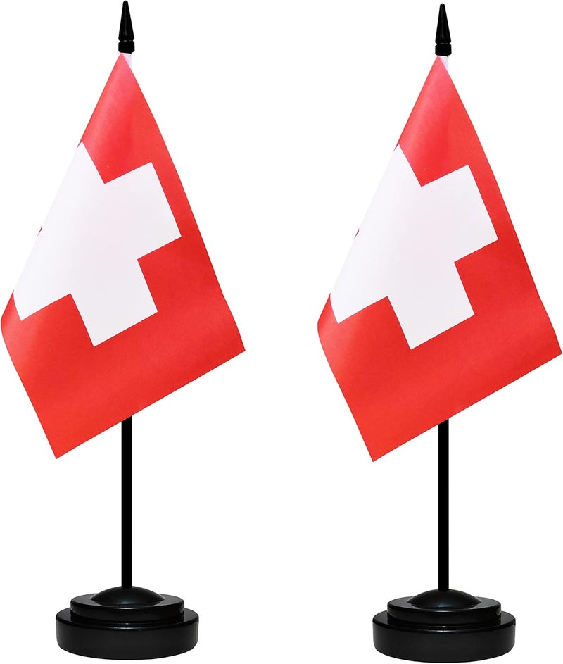 BCLin Switzerland Desk Flag Set, 2 Pack Swiss Table Office Flags, Small Mini Desktop Flag With 12" Solid Black Pole, Black Base, Miniature Desktop Flag - Image 1